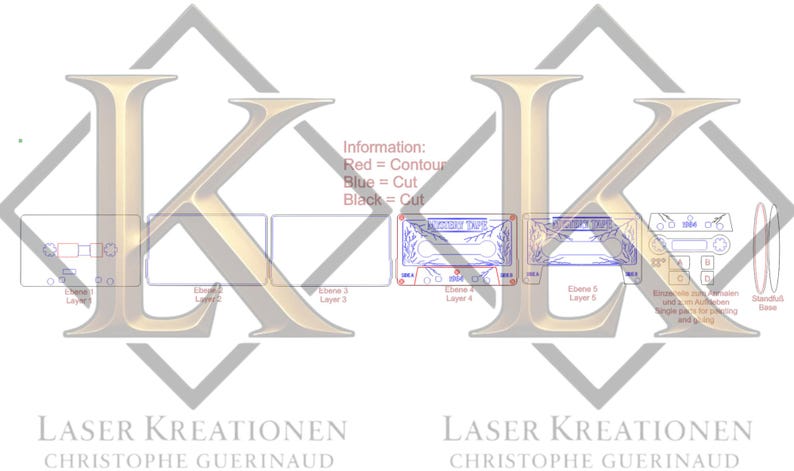 May include: A technical drawing for a laser-cut project, featuring multiple layers and cut lines. The design includes a cassette tape with floral accents and the text "MIDNIGHT TAPE". The image also includes the text "LASER KREATIONEN".