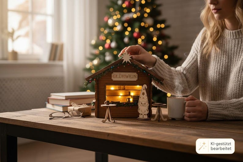 May include: A wooden miniature stall with a sign reading GL&Uuml;HWEIN, featuring interior warm lighting, a star topper, and a small gnome figure. Two tiny round tables are placed in front of the structure, which is crafted from brown wood.