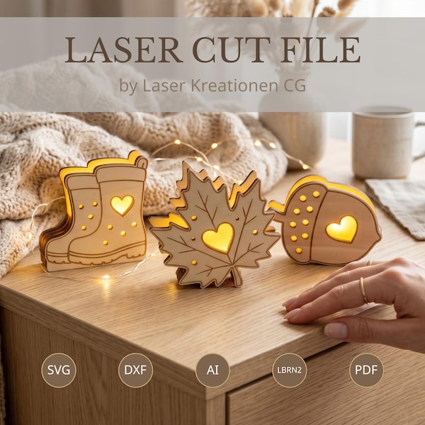 LED Autumn Decoration Laser File 3-Piece Set for Balloon Lights | Lightbox File | Decorative Lighting Rubber Boots Maple Leaf Acorn SVG | Autumn Table Decoration