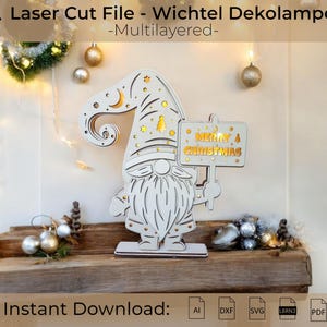 Laser Cut File Christmas Gnome | Multilayered File  | Wichtel Lampe Deko | Weihnachtswichtel LED | Lightburn Gnome SVG Glowforge xTool Ready