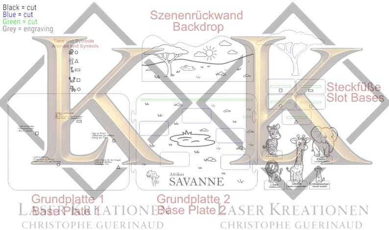 Op de afbeelding: Een lasergesneden houten achtergrond met een Afrikaans savannethema. Het ontwerp omvat een landschap met bomen, een vijver en verschillende dieren zoals een giraffe, olifant en leeuw. Tekst bevat "Backdrop" en "Savanne".