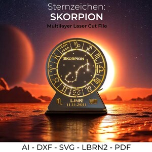 Scorpio Laser Cut File Sternzeichen Skorpion Lampe SVG Multilayer Nachtlicht Vorlage dxf ai pdf lbrn2 Zodiac Sign Cutting File deco lamp