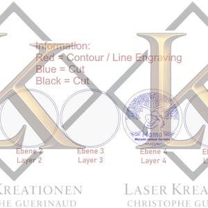 Puede incluir: Una plantilla de dise&ntilde;o digital para corte l&aacute;ser con cinco capas circulares etiquetadas de Ebene 1 a 5 y una base. El texto incluye Information: Red = Contour / Line Engraving, Blue = Cut, Black = Cut, y Laser Kreationen Christophe Guerinaud.