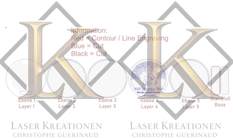 Puede incluir: Una plantilla de dise&ntilde;o digital para corte l&aacute;ser con cinco capas circulares etiquetadas de Ebene 1 a 5 y una base. El texto incluye Information: Red = Contour / Line Engraving, Blue = Cut, Black = Cut, y Laser Kreationen Christophe Guerinaud.