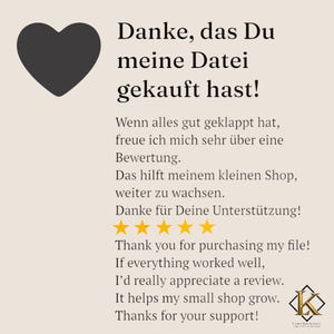 Op de afbeelding: Digitale afbeelding met een donkergrijs hart en tekst in het Duits en Engels. De tekst drukt dankbaarheid uit voor een aankoop en moedigt een beoordeling aan. De afbeelding bevat vijf gouden sterren en een logo.