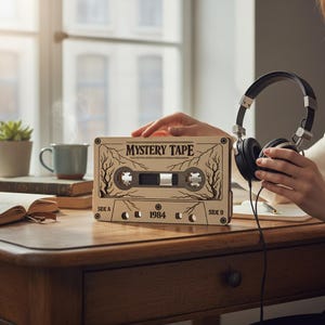 May include: A wooden cassette tape with the text "MYSTERY TAPE" and "1984" printed on it. The cassette tape is beige with black and gray accents. A pair of black headphones with silver accents are held nearby.