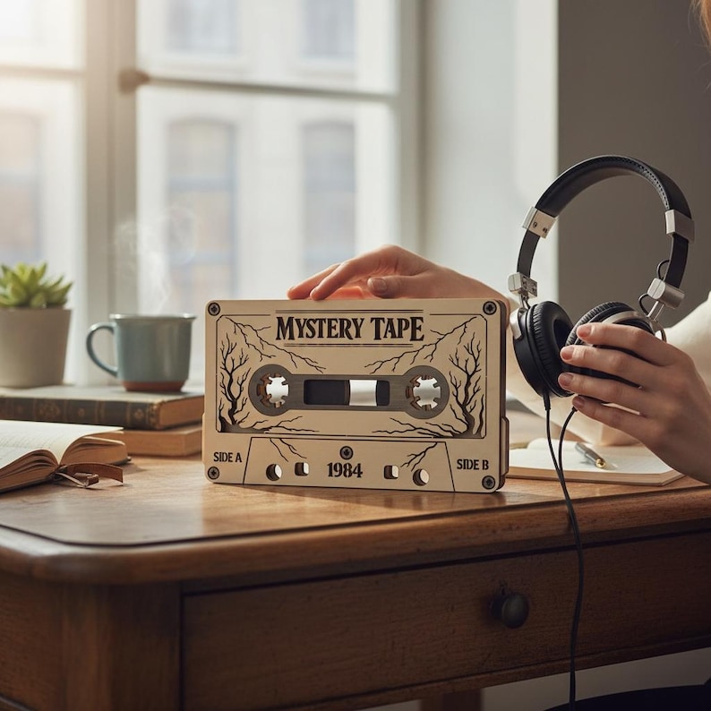 May include: A wooden cassette tape with the text "MYSTERY TAPE" and "1984" printed on it. The cassette tape is beige with black and gray accents. A pair of black headphones with silver accents are held nearby.