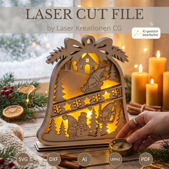 Laser Cut File Weihnachten LED Weihnachtsglocke | Weihnachtsdeko SVG | Beleuchtete Nachtlicht Winterdeko | Christmas Bell SVG Laserdatei