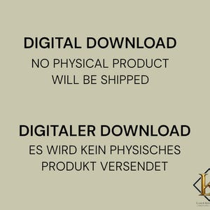 Op de afbeelding: Een digitale downloadafbeelding met de tekst "DIGITAL DOWNLOAD" en "NO PHYSICAL PRODUCT WILL BE SHIPPED" in het zwart. Daaronder staat de tekst "DIGITALER DOWNLOAD" en "ES WIRD KEIN PHYSISCHES PRODUKT VERSENDET". Een logo staat rechtsonder.