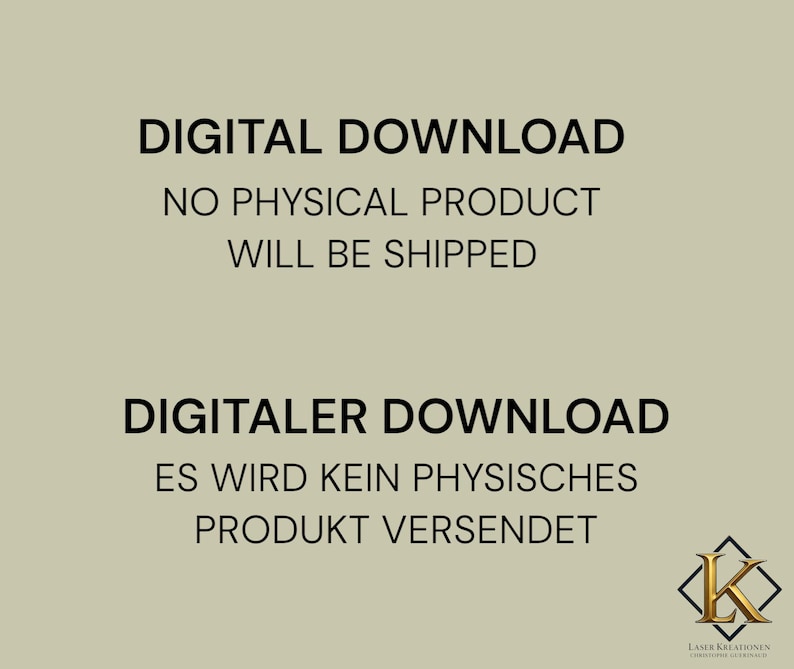 Op de afbeelding: Een digitale downloadafbeelding met de tekst "DIGITAL DOWNLOAD" en "NO PHYSICAL PRODUCT WILL BE SHIPPED" in het zwart. Daaronder staat de tekst "DIGITALER DOWNLOAD" en "ES WIRD KEIN PHYSISCHES PRODUKT VERSENDET". Een logo staat rechtsonder.