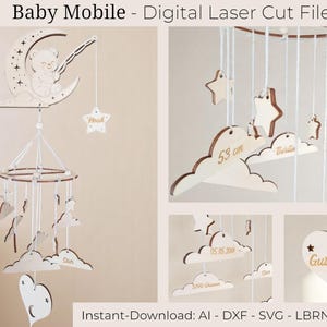 File tagliato al laser con mobile per neonati, luna e orso, decorazione in legno fai da te per la cameretta del bambino, aiuto per dormire, svg dxf ai pdf lbrn2, download digitale, regalo per la nascita