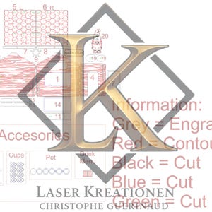 May include: A digital laser cutting template featuring numbered components for a structure, including accessories like a bar table, cups, and a pot. The design displays red contour lines, black, blue, and green cut lines, and grey engraving details.