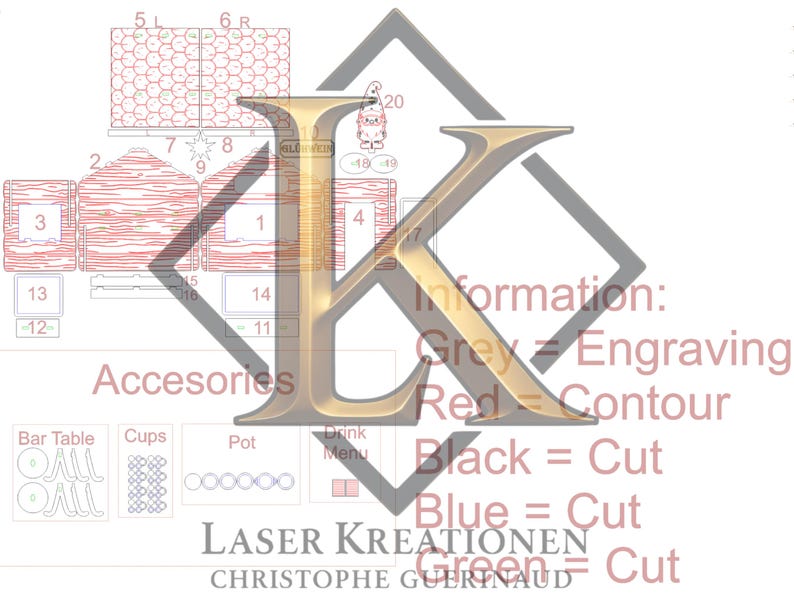 May include: A digital laser cutting template featuring numbered components for a structure, including accessories like a bar table, cups, and a pot. The design displays red contour lines, black, blue, and green cut lines, and grey engraving details.