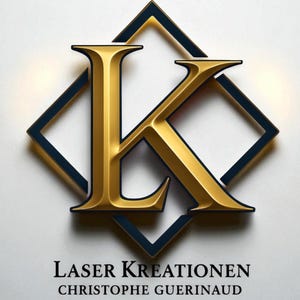 May include: A gold-colored letter K centered over a dark blue diamond-shaped frame. Below the emblem, the text reads LASER KREATIONEN and CHRISTOPHE GUERINAUD in a black serif font. The design features a metallic finish with subtle shadows.