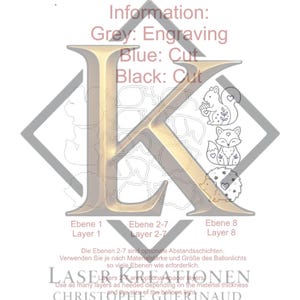 May include: A digital file template featuring a large letter K with instructions: Grey: Engraving, Blue: Cut, Black: Cut. It includes outlines for a squirrel, fox, and hedgehog, with labels for Layer 1, Layers 2-7, and Layer 8, plus text regarding spacer layers.