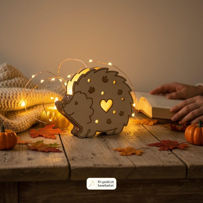 May include: A light-colored wooden hedgehog-shaped lamp featuring cutouts of a heart and small leaves. The lamp emits a warm glow from within and is surrounded by thin string lights, creating a soft illumination on the surface.
