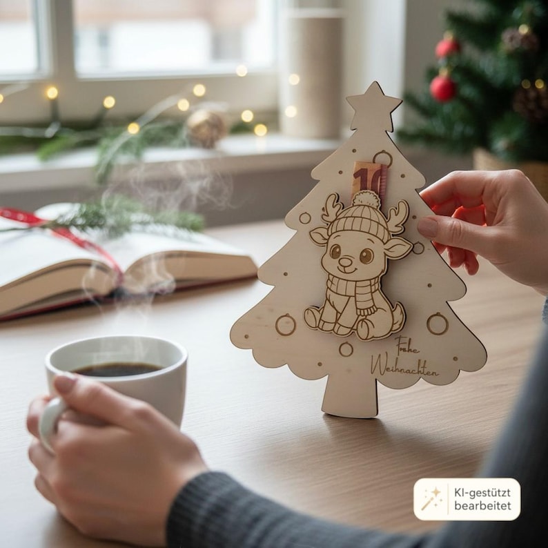 May include: A light-colored wooden Christmas tree ornament featuring a laser-engraved reindeer wearing a hat and scarf. The tree has a star at the top, circular cutouts, and the German text Frohe Weihnachten engraved on the front surface.