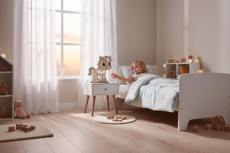 K&ouml;nnte beinhalten: Ein h&ouml;lzernes pferdef&ouml;rmiges Nachtlicht mit Stern- und Monddesign steht auf einem wei&szlig;en Nachttisch in einem Kinderzimmer. Das Zimmer verf&uuml;gt &uuml;ber ein Bett mit einer blau-wei&szlig; gemusterten Bettdecke, ein Fenster mit transparenten Vorh&auml;ngen und Holzspielzeug.