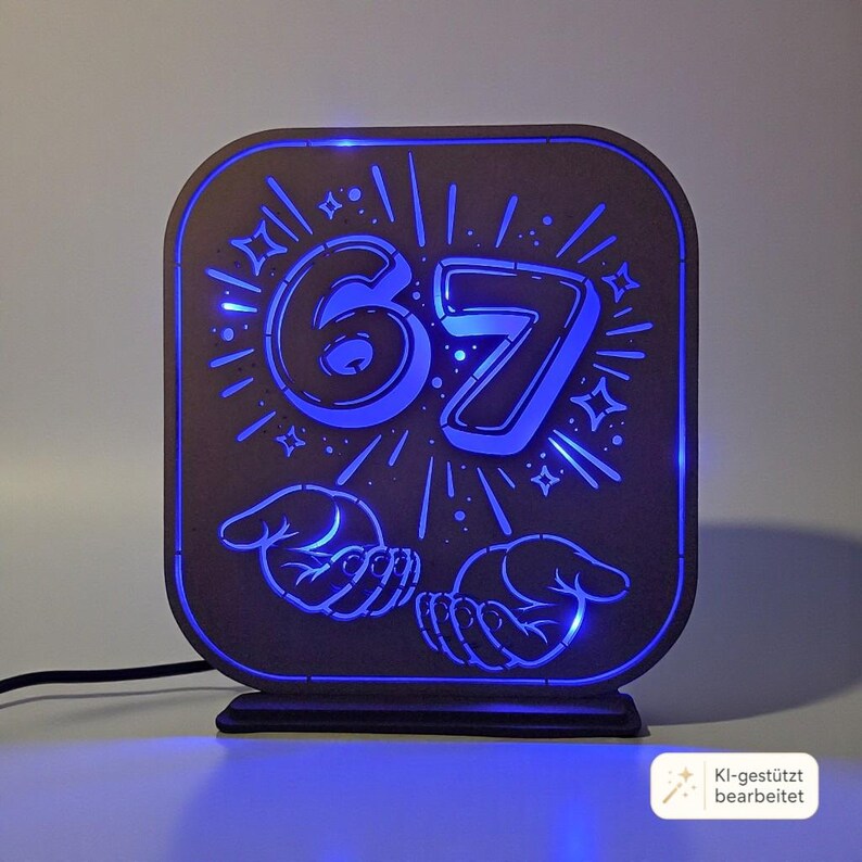 May include: A square-shaped dark brown wooden lamp with rounded corners, illuminated by a bright blue light. The front panel features a cutout design of the number 67, surrounded by starburst patterns and two open hands at the bottom.