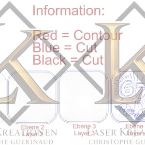 May include: A digital design template featuring four distinct layers labeled Ebene 1 through 4, with a Halterplatte Stand. The text reads Information: Red = Contour, Blue = Cut, Black = Cut, Laser Kreationen, and Christophe Guerinaud.