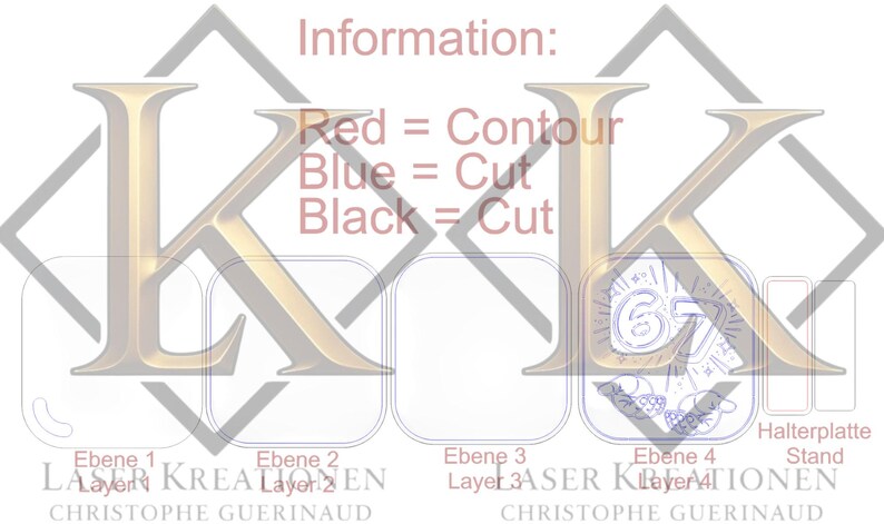 May include: A digital design template featuring four distinct layers labeled Ebene 1 through 4, with a Halterplatte Stand. The text reads Information: Red = Contour, Blue = Cut, Black = Cut, Laser Kreationen, and Christophe Guerinaud.