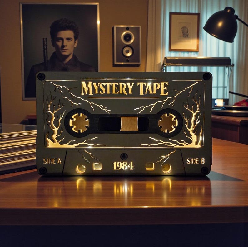 May include: A decorative cassette tape-shaped light box with the text "MYSTERY TAPE" and "1984". The design features cut-out tree and lightning bolt patterns, with Side A and Side B labels.