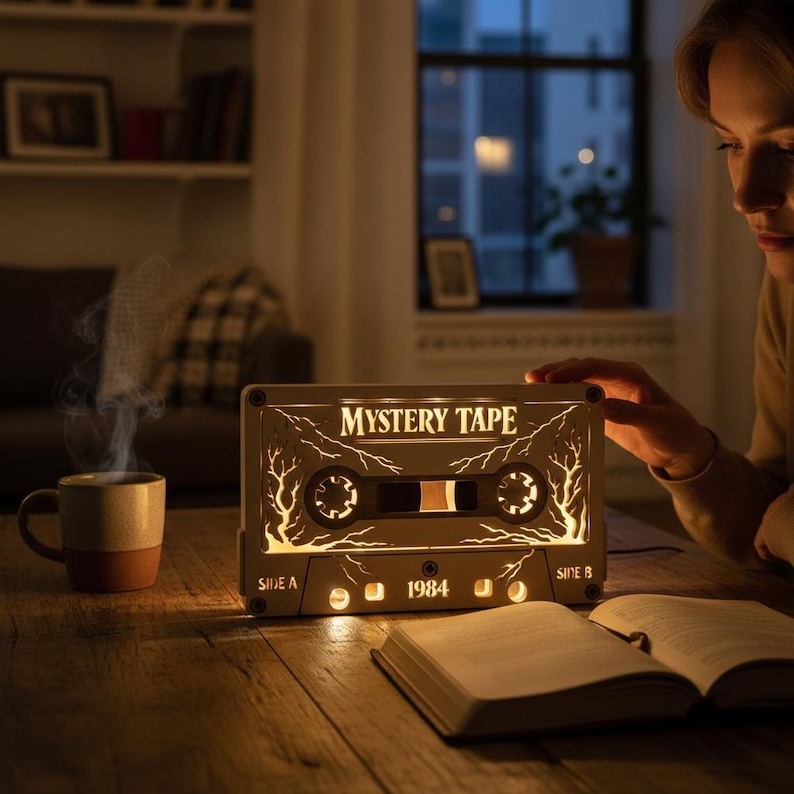 May include: A wooden cassette tape-shaped lamp with the text "MYSTERY TAPE" and "1984". The lamp has a warm glow, with tree branch designs on the sides. A cup of coffee and an open book are on the wooden table.