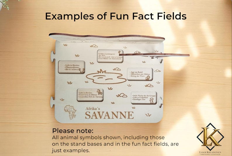 Op de afbeelding: Een houten display met de tekst "Examples of Fun Fact Fields" en "Afrika's SAVANNE". De display heeft verschillende uitgesneden secties met tekst en dierillustraties. De onderkant van de display luidt "Please note: All animal symbols shown...are just examples."
