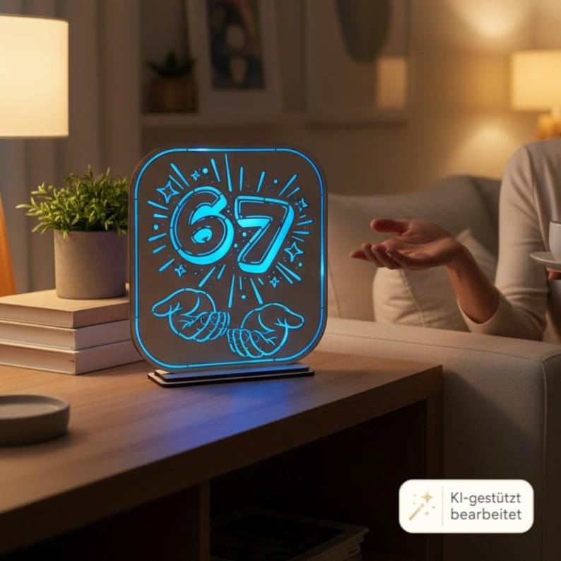 May include: A square-shaped light-up sign featuring the number 67 in a bold, glowing blue font. The design includes stylized line art of two hands cupped together at the bottom and radiating starburst patterns surrounding the central number.