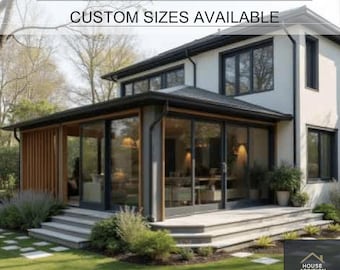 May include: A sunroom blueprint with dimensions of 22ft x 14ft. The sunroom features large glass windows and doors, a wooden accent wall, and a concrete patio. The text "CUSTOM SIZES AVAILABLE" is displayed above the sunroom.