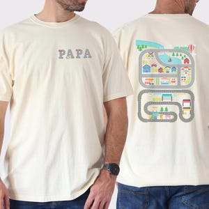 T-shirt Play Cars on Dad's Back, dubbelzijdig T-shirt racebaan racebaan, grappig interactief cadeau voor vader of moeder, activiteitenshirt voor peuters