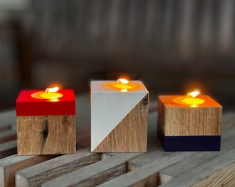 Reclaimed oak votive holders, paint-dipped red white blue, patriotic summer decor