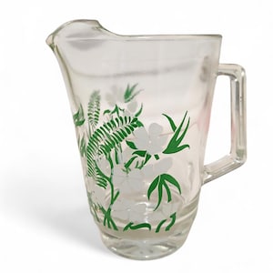 Glass Jug with Green & White Floral Design – Mid-Century Pitcher