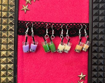 Colorful Boba Tea Earrings, Resin and Glass Boba