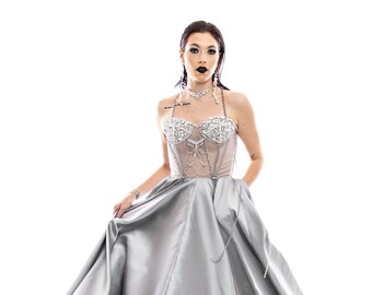 Ball Gown fitted hand beaded bodice with silk Mikado double circle skirt, chains and crystals, skirt can be made shorter with the chains