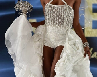 Wedding Dress, White Tafetta, Rose Dress, Beaded crystal Bodice, As seen in New York Fashion Week, Unique wedding gown with shorts.