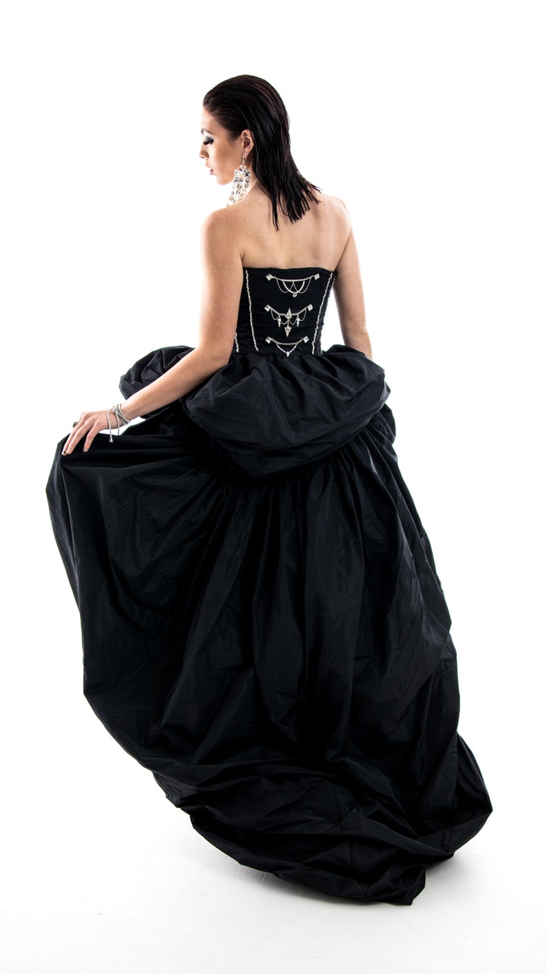 Black Taffeta Gala special event dress hand beaded with Rhinestones. Corset with full skirt zdjęcie 7