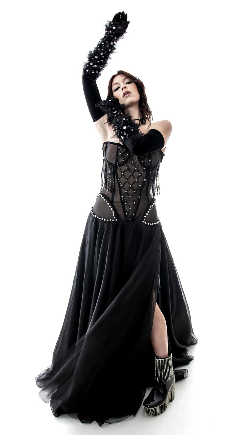 Gala or event gown black silk organza and hand beaded bodice zdjęcie 2