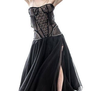 Gala or event gown black silk organza and hand beaded bodice zdjęcie 3