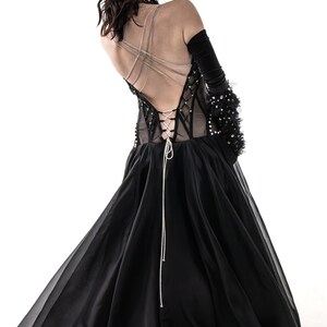 Gala or event gown black silk organza and hand beaded bodice zdjęcie 6