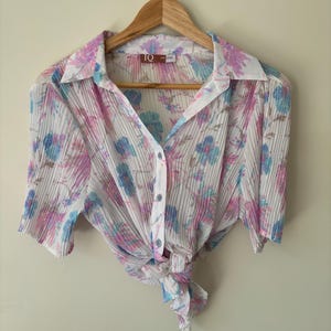Vintage Floral Crepe Shirt | Pastel Sheer Spring Top (Size 8-10)