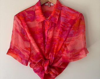 Vintage felroze doorschijnende blouse | Top met korte mouwen, maat 10-12