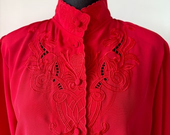 Vintage jaren 1980 Rode geborduurde blouse/shirt maat 10