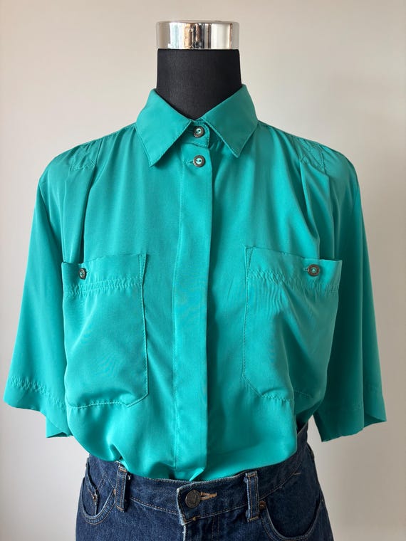 Splendida camicia/blusa verde acqua vintage Brian Keith degli anni