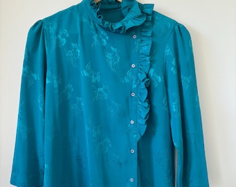 Vintage blauwgroene blouse met ruches: gebloemde zijdeachtige top, maat 8