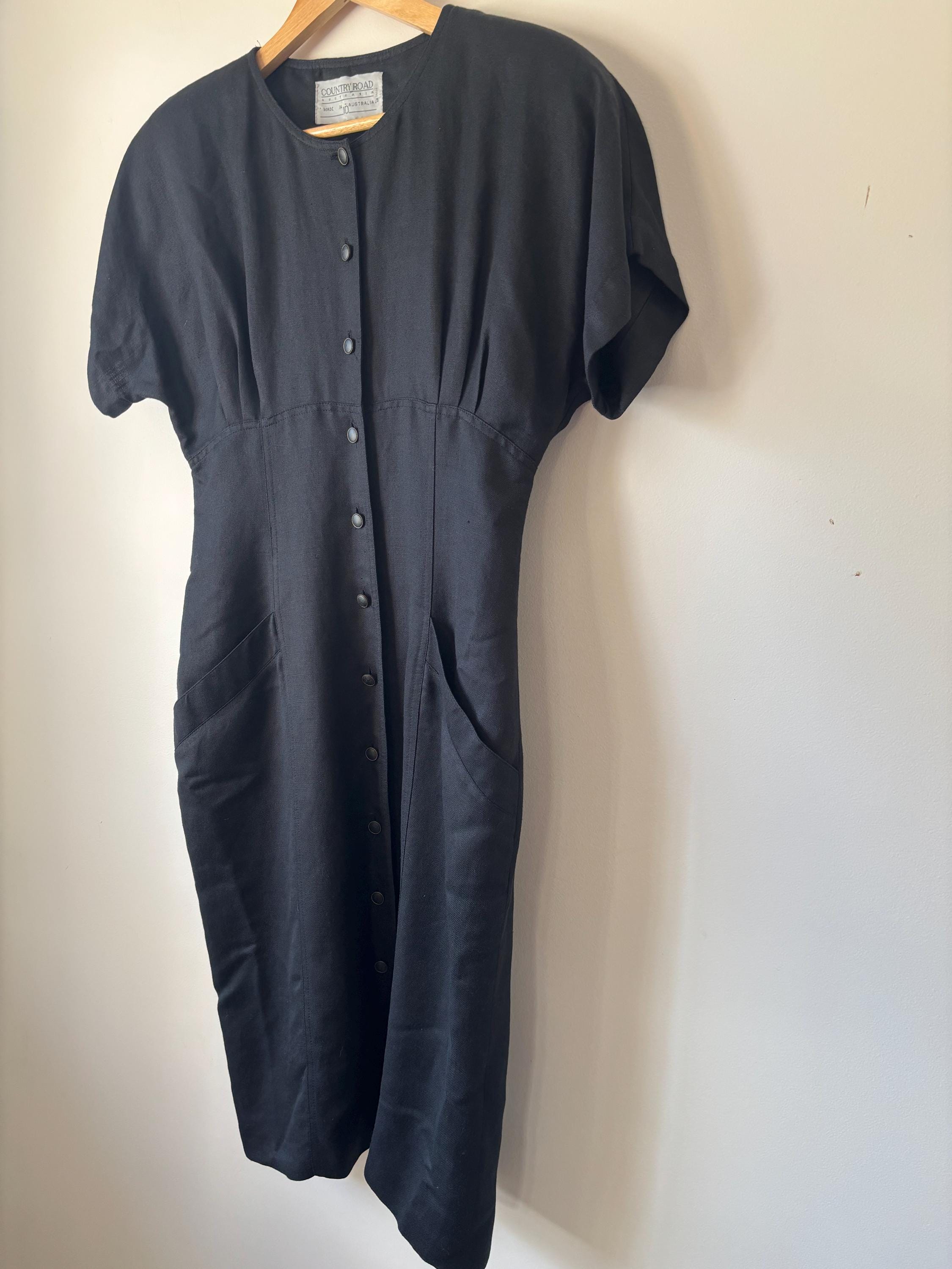country road black linen dress Black Linen Scallop Detail Dress - Dresses