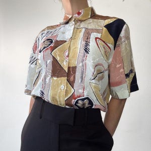 90s Vintage Abstract Print Shirt: Autumn Earth Tones, Size M