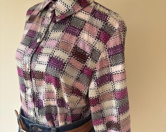 1980s Vintage Retro Print Shirt | Silky Long Sleeve Top, Size 10-12