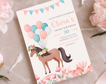 May include: A pink and blue birthday invitation with a cartoon horse holding balloons. The invitation says "Olivia's Third Birthday" and includes the date, time, and location of the party.