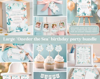 May include: A printable party bundle for a first birthday with an ocean theme. The bundle includes over 50 printable files, including invitations, food labels, cupcake toppers, a banner, and a welcome sign. The design features a blue and green color scheme with illustrations of sea creatures, such as a whale, octopus, and seahorse.